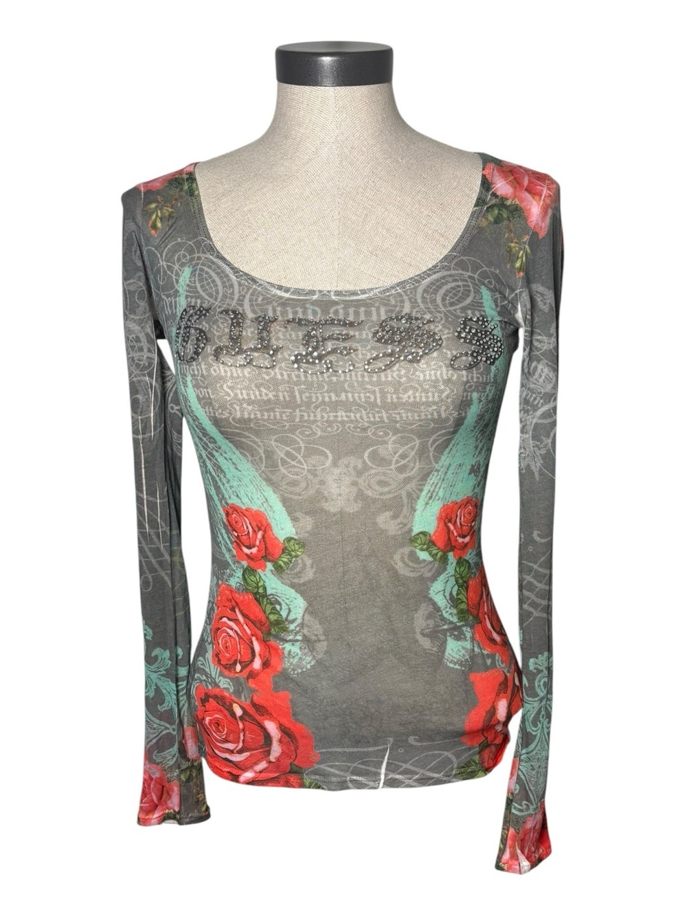 Guess Gray Long Sleeve Scoop Neck Top with Red Rose Print
